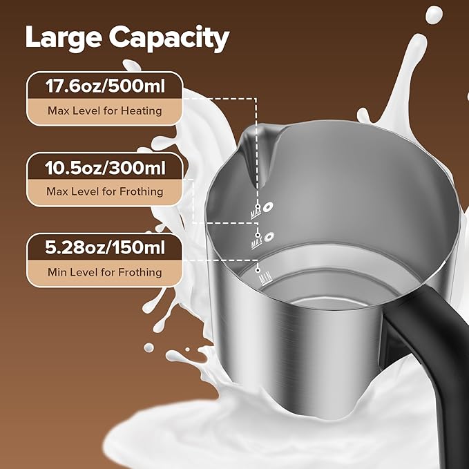Milk Frother and Steamer, Automatic Hot and Cold Foam Maker with Detachable Stainless Steel Jug, 4-in-1 Electric Frother for Latte, Cappuccinos, Macchiato, and Hot Chocolate
