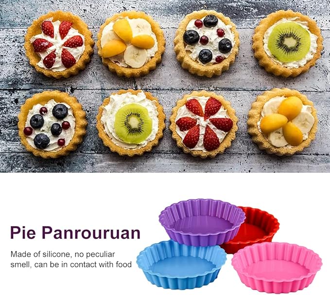 Silicone Quiche Pan, 8 Pack Silicone Tart and Pie Molds, Round 4 Inch Non-stick Mini Quiche Molds Small Pie Baking Pan Tart Molds DIY Baking Pies/Tarts/Mousse Cakes, Random Color