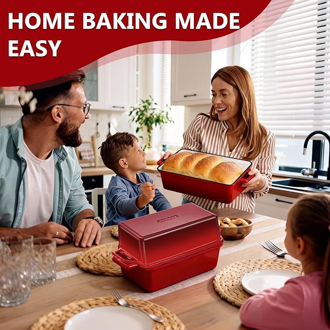 Wildone Enameled Cast Iron Bread Loaf Pan with Lid, 9x5 Sourdough Baking Pans for Homemade Bread, Cake, Meatloaf, Even Heating Bread Pans, 2-Piece Set, Red