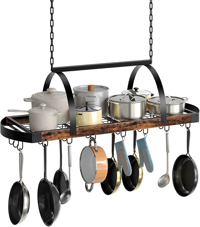 CHOEZON Hanging Pot Rack, Pot Hanger for Kitchen, Ceiling Mounted Pot Holder, Cookware Organizer with 24 S-Shaped Hooks, for Pot, Pan Storage, Space-Saving, Rustic Brown and Black TPR28BF