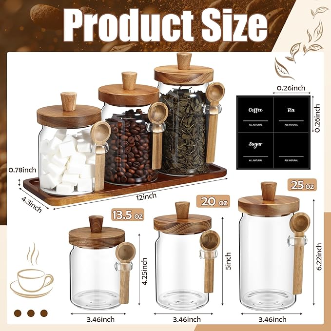 Suclain 3 Pcs Glass Coffee Container with Wooden Lid Spoon Shelf Labels Clear Airtight Jar Food Storage Canister Set for Sugar Spice Coffee Bean Holder Housewarming Gift(13.5,20,25 oz,Acacia Brown)