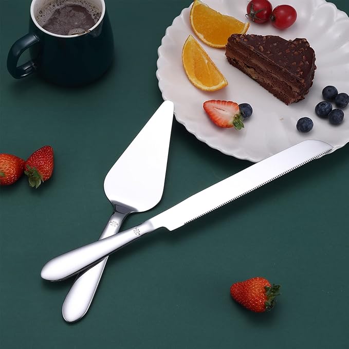Eisinly Cake Cutting Set for Wedding, Elegant Cake Knife and Server Set with Thickened Stainless Steel Rounded Edges, Cake Cutter and Pie Spatula for Birthday Anniversary, 2 Pcs, Silver