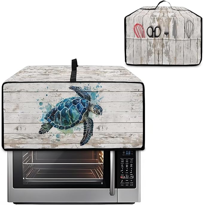 Air Fryer Toaster Oven Cover with Side Pockets, Protective Electrical Appliance Cover Kitchen Countertop Accessories and Decor, L, Watercolor Sea Turtle Wood Grain