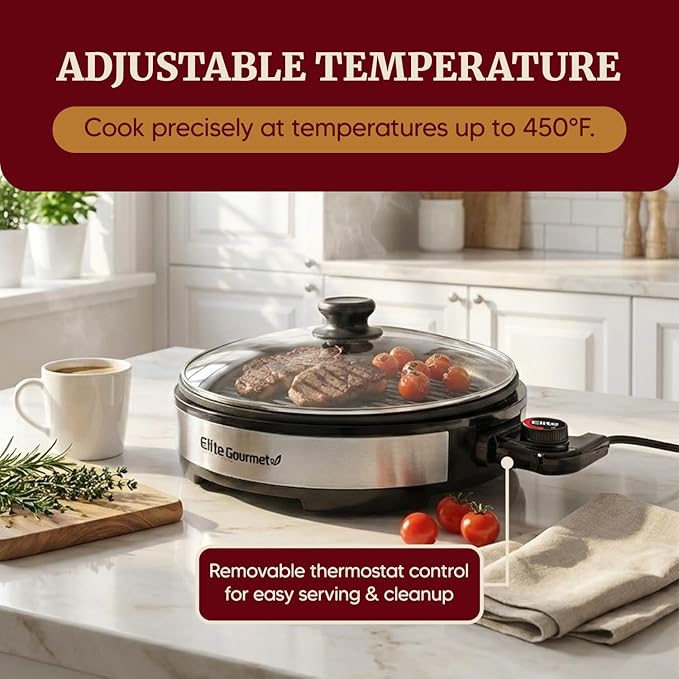 Elite Gourmet EMG6505G 12" Smokeless Indoor Electric BBQ Grill with Glass Lid Dishwasher Safe, Nonstick, Adjustable Temperature, Fast Heat Up, Low-Fat Meals Easy to Clean Design