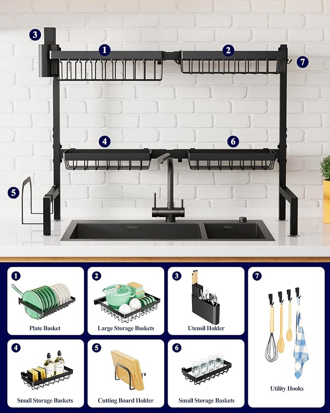 Kitsure Over The Sink Dish Drying Rack - 30.0" to 33.9" x 21.5", Adjustable Sink Drying Rack for Kitchen Sink with Multifunctional Baskets, Black