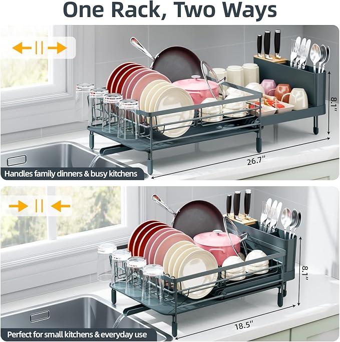 Urackify Large Dish Drying Rack, Expandable Dish Racks for Kitchen Counter, Multifunctional Dish Drainer with Utensil Holder & Cup Holder, 18.5"-26.7" L x 12.7" W, Dark Slate Gray