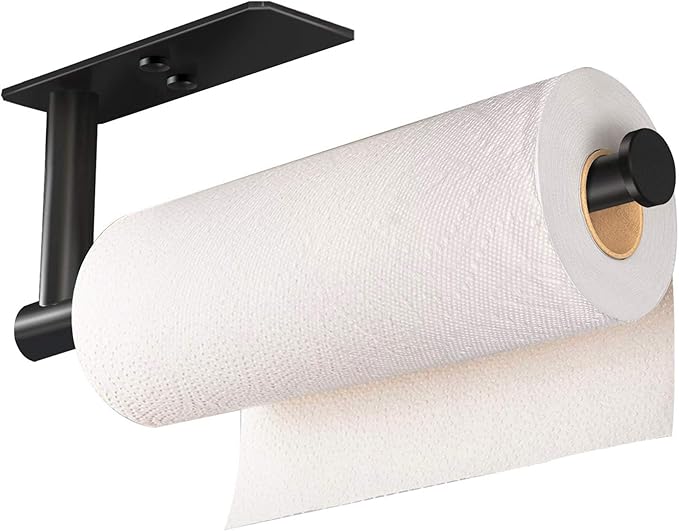 VAEHOLD Self Adhesive Paper Towel Holder Under Cabinet Mount, Wall Mount Paper Towel Roll Rack for Kitchen Cabinet, Bathroom, SUS304 Stainless Steel Black