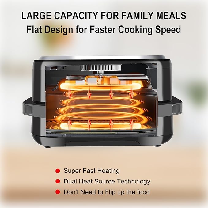 Pizza Oven & Air Fryer, 4.5QT 11-in-1 Flat Airfryer with Superior Top and Bottom Airflow Tech, Digital Display, Large Viewing Window, Grill Plate, Up to 32 Chicken Wings / 11" Pizza Capacity