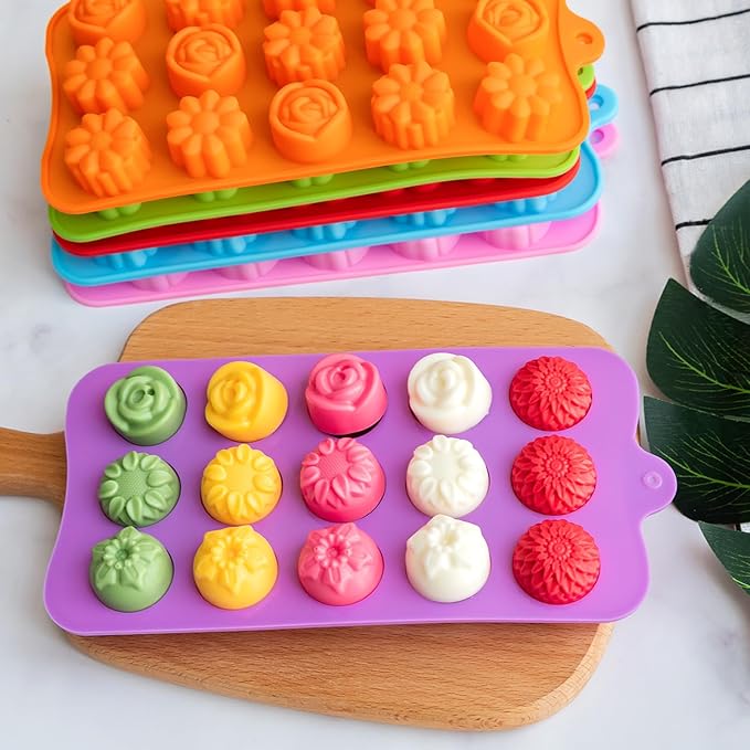 6 Pack Flower Shape Chocolate Candy Molds Silicone, Food-Grade Non-Stick Jelly & Baking Molds, Crayon Molds, BPA-Free, Including Heart, Rose, Tulip, Daisy, Sunflower, and Other Flowers (Multicolor)