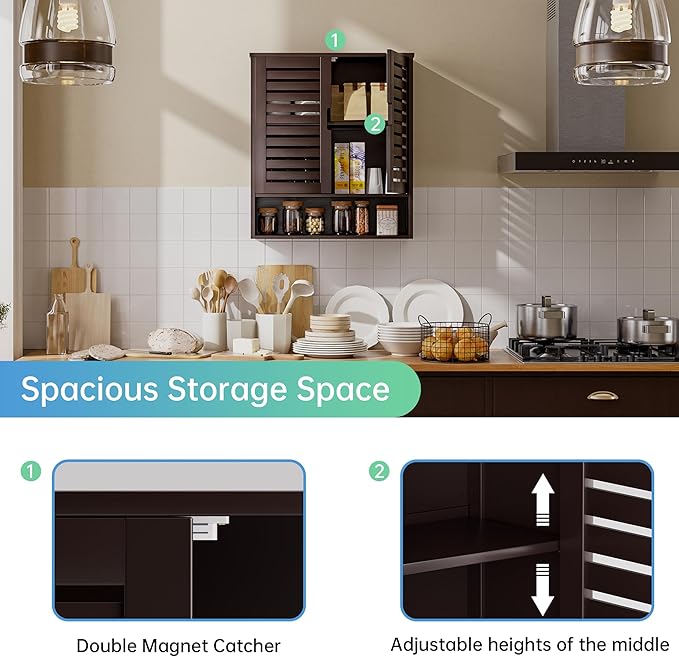 SMIBUY Bathroom Cabinet Wall Mounted, Bamboo Over-The-Toilet Storage Organizer, Space Saver Medicine Cabinet with 2 Door and Adjustable Shelves (Dark Brown)