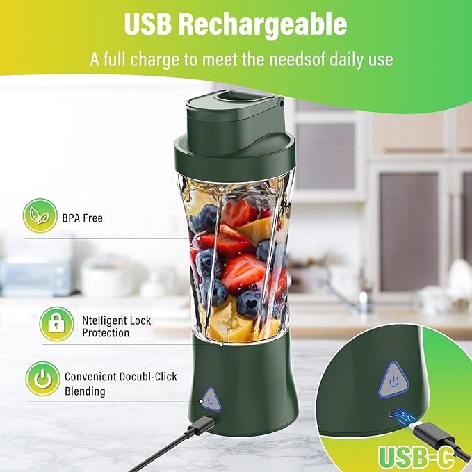 Portable Blender, 360W Personal Blender for Shakes and Smoothies for Kitchen, 24 Oz BPA Free Traveling Juicer Cup and Lid with 6 Blades, Self Cleaning Portable Juicer for Kitchen/Travel/Gym, Blue