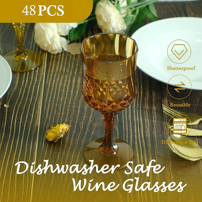 Plastic Wine Glasses, Plastic Goblets Vintage Style Cordial Unbreakable Drinking Glasses, Reusable Drinkware for Wedding Reception, Grand Event Party Supplies (48, Amber)
