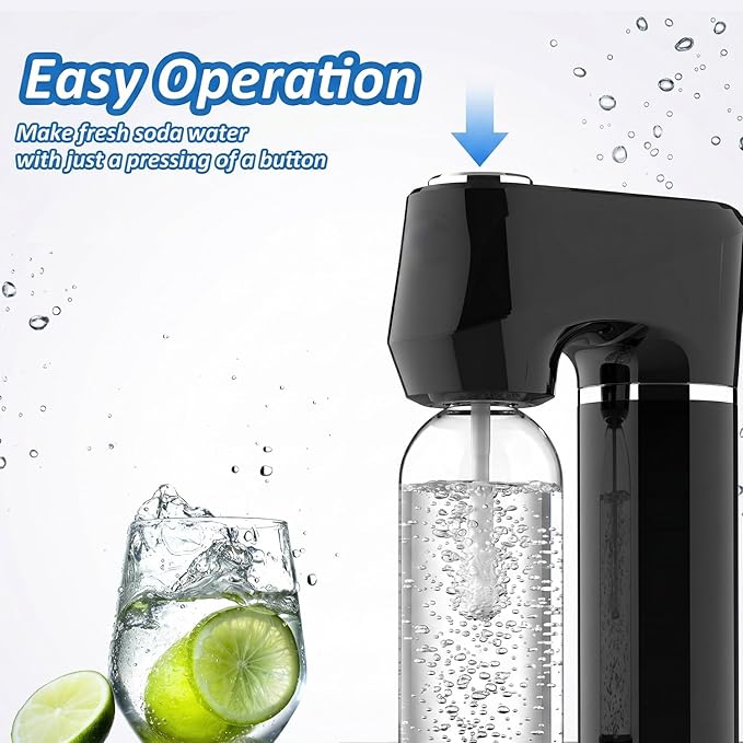Home Sparkling Water Soda Maker with 2 BPA-Free Bottles (1L + 0.5L) - Carbonated Water Seltzer Fizzy Drink Machine, Compatible with Screw-In 60L CO2 Carbonator (Not Included), Black