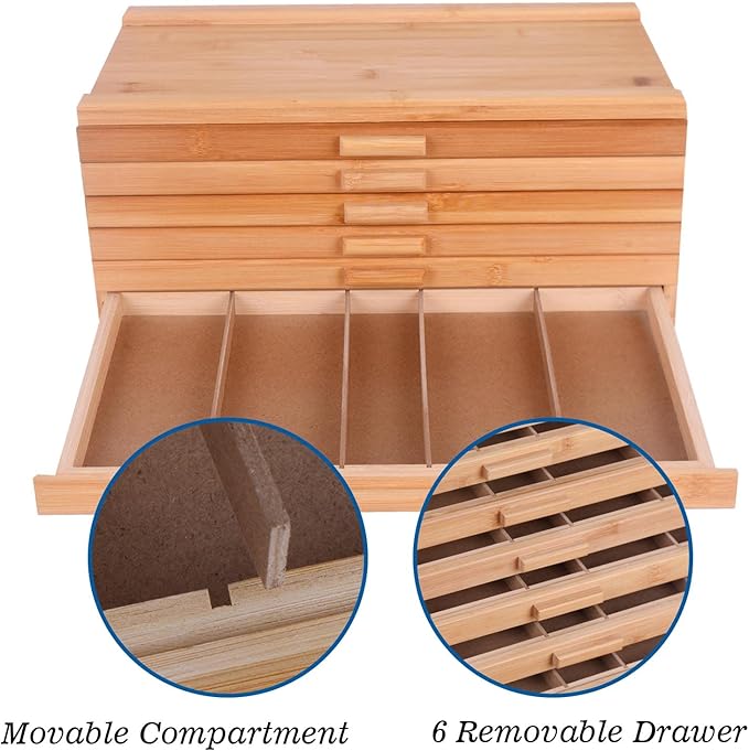 Vencer 6 Drawer Bamboo Artist Supply Storage Box with Separate Compartments for Organizing Pencil,Pen,Pastel,Marker Set,Brushes & Stamp,VAO-007