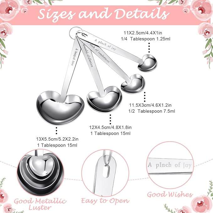 25 Set Pink Heart Shaped Measuring Spoons Stainless Steel Measure Tea Spoons for Bridal Shower Wedding Gift Birthday Tea Party Souvenirs for Guests with Individual Package (Elegant)