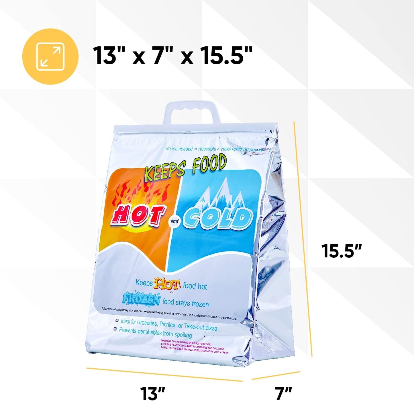 Superio Hot and Cold Insulated Bags for Food Delivery, Grocery Shopping Bags, Food Storage for Hot and Frozen Food for Travel, Disposable Cooler Bag, Reinforced Thermal Lunch Bag (6, 13"x7"x15.5")