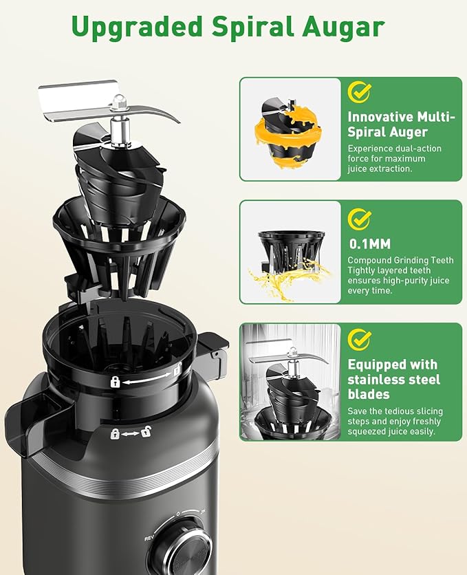GlowWise Cold Press Juicer Machines for Whole Vegetables & Fruits, Slow Masticating Juicer Maker with Wide Feed Chute, High Juice Yield, Easy to Clean, Gray