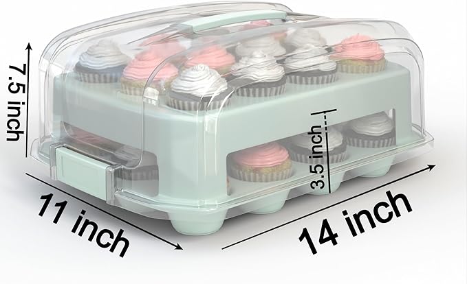 Top Shelf Elements Cupcake Carrier, EXTRA TALL LID, Green Cupcake Holder Carries 24 Standard-Size Cupcakes, Muffin Traveler Two Tier Stand Reusable Cupcake Box