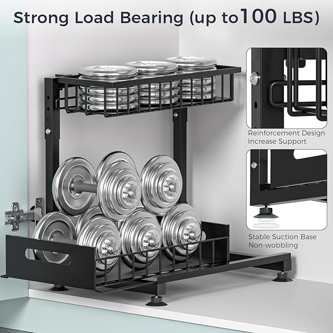 L-Shaped Under Sink Organizer, 2 Pack 2-Tier Pull Out Metal Kitchen Cabinet Organizer with Sliding Storage Drawer, Height Adjustable Heavy Duty Under Bathroom Sink Storage for Cleaning Supplies