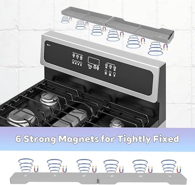 30 Inch Magnetic Silicone Stove Top Shelf,Heat Resistant Over The Stove Spice Rack for Kitchen,Space Saving Organizer Back of Stove,Includes 6 Additional Sticky Boards(Light Grey,30''x3.8'')