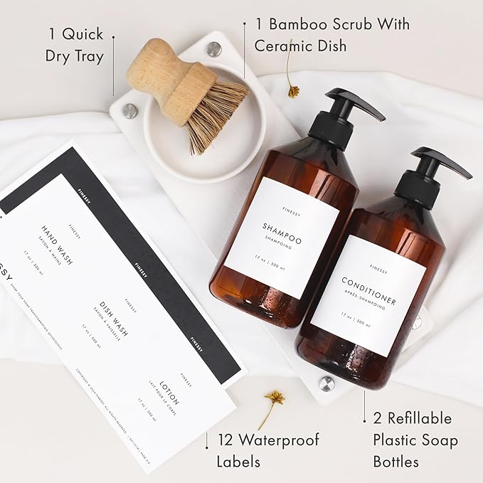 FINESSY Modern Hand and Dish Soap Dispenser Set for Kitchen Counter with Tray and Bamboo Brush, Kitchen Soap Dispenser Set with Tray Refillable Dual Containers Also for Dishwashing Liquid and Lotion
