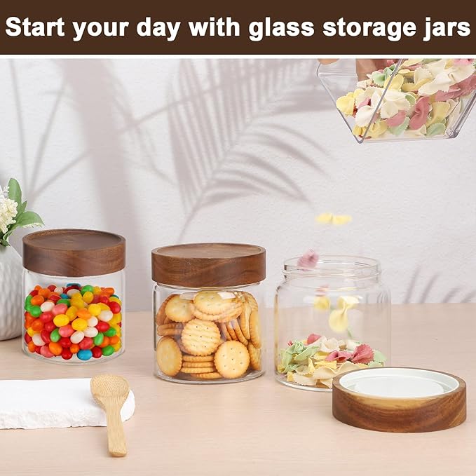 19oz Glass Jar with Wood Lid, 4 Pack Coffee Jars with Airtight Screw Lids, Wide Mouth Pantry Storage Canister for Sugar, Tea, Beans, Snacks, Overnight Oats - 3.9 x 3.9 inch Spice Bottle