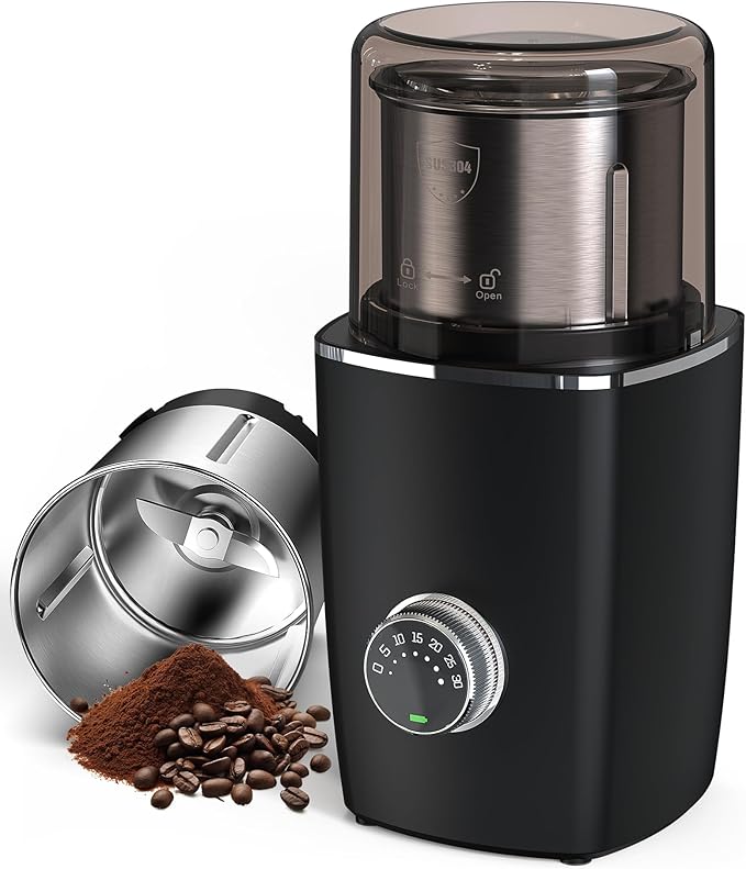 CEVING Hands-Free Blade Coffee Grinder, Cordless Coffee Mill with 5-30S Adjustable Grinding, Triple-Lock Safety & 1500mAh Rechargeable Battery with Removable Bowl, Portable for Camping, Travel, etc.