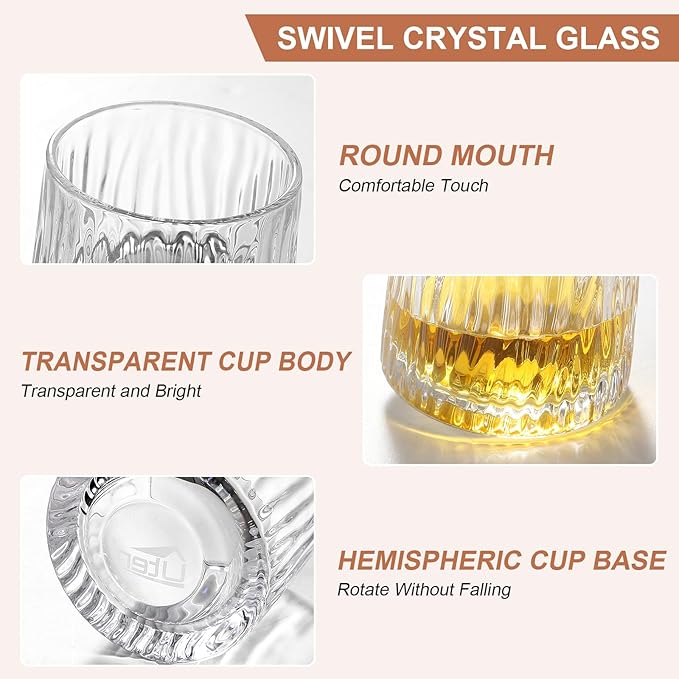 Rotatable Old Fashioned Glass, 275ml/10oz Crystal Whiskey Glass Set of 4, Wood Coaster, Thickening, Used as Rum Glass, Cocktail Cup, Coffee Cup, Milk Cup to Relax and Reduce Stress, Christmas gifts