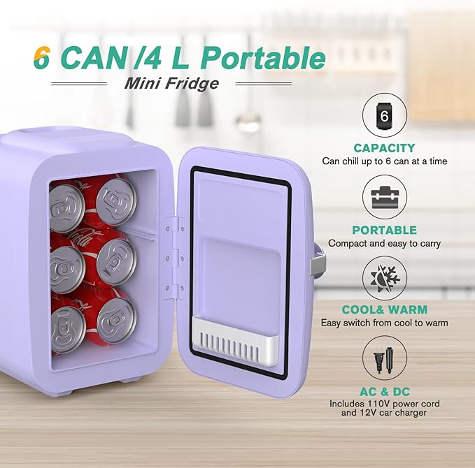 CROWNFUL Mini Fridge, 4 Liter/6 Can Portable Cooler and Warmer Personal Refrigerator for Skin Care, Cosmetics, Beverage, Food,Great for Bedroom, Office, Car, Dorm(Purple)