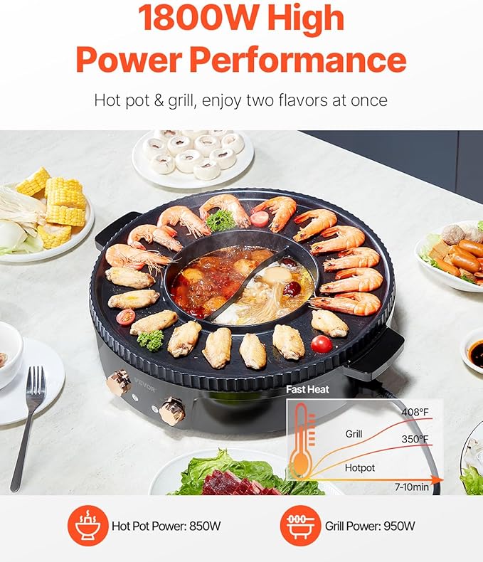 VEVOR Hot Pot with Grill, 1800W 2-in-1 Electric Smokeless Grill and Hot Pot, Korean BBQ Shabu Shabu Hotpot with Separate Dual Temperature Control, Non-stick Pan, for 2-8 People Family Dining