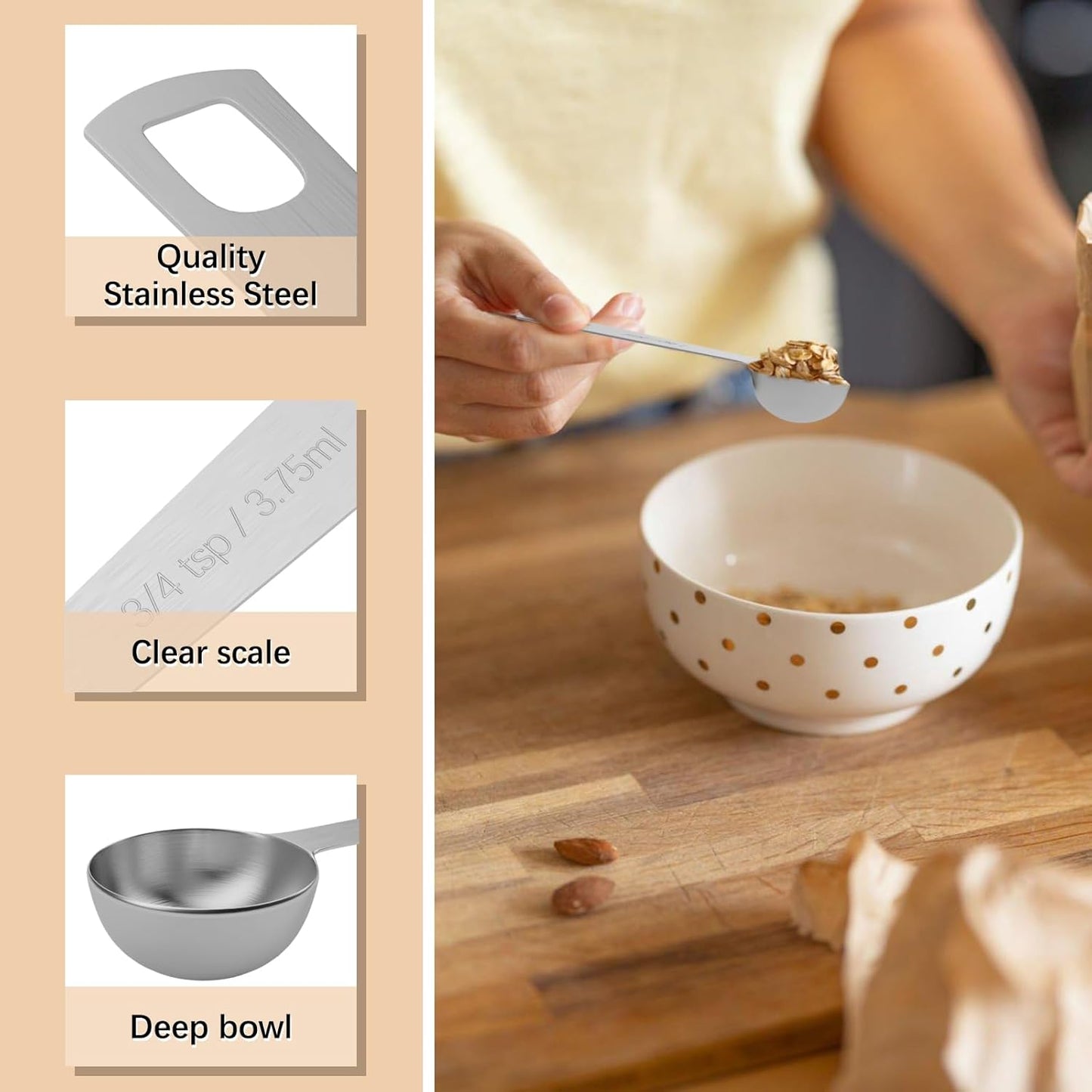 5PCS 3/4tsp (1/4tbsp, 1/8oz, 3.75ml) Single Measuring Spoon, Stainless Steel Individual Teaspoons Only