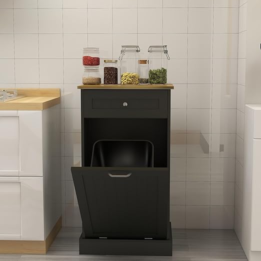 RASOO Tilt Out Trash Cabinet Wooden Freestanding Dog Proof Single Door 10 Gallons with Drawer Trash Can Cabinet