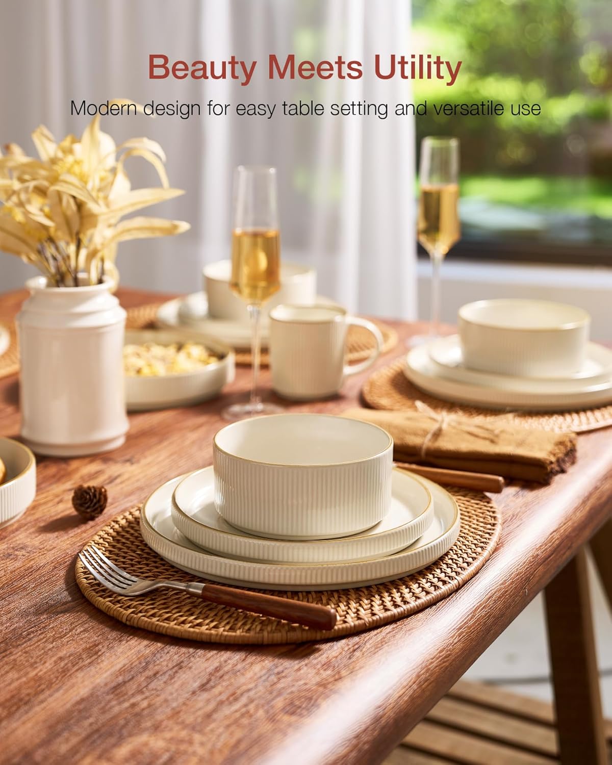 Famiware Star Dinnerware Set, Plates and Bowls Sets for 8 (24pcs), Ribbed Stoneware Dishes - Chip & Scratch Resistant, Microwave & Dishwasher Safe Tableware, Vanilla White
