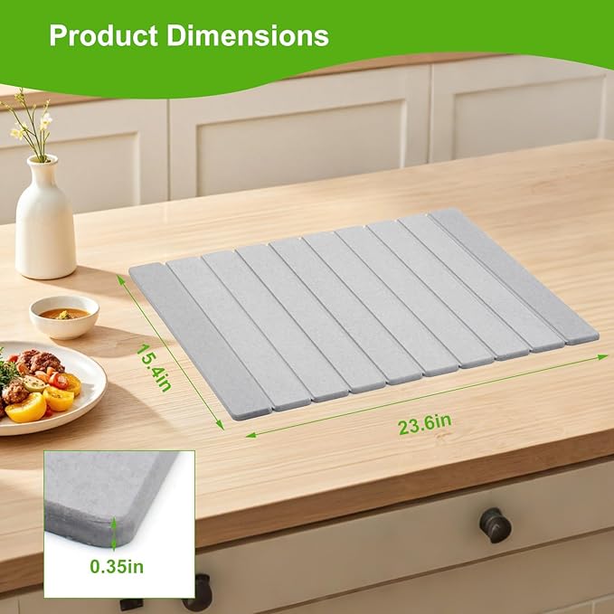 Stone Dish Drying Mat for Kitchen Counter - Large Foldable Collapsible Quick Drying Dish Mats, Ultra Absorbent Diatomaceous Earth Mats for Kitchen Dishes Bottles Cups Bathroom -Light Gray