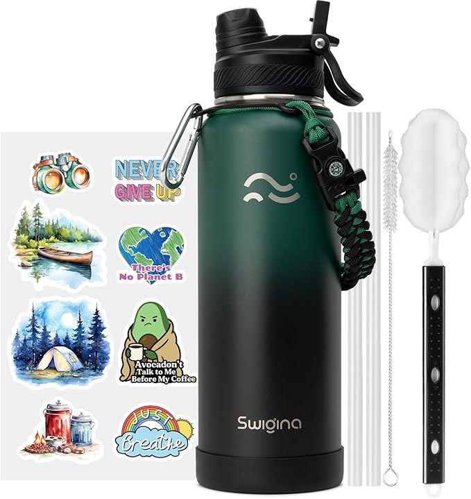 Swigina Insulated Water Bottle with Silicone Boot (36hrs Cold/18hrs Hot) - DIY Stickers, [2-in-1 Lid], BPA Free, 40 oz