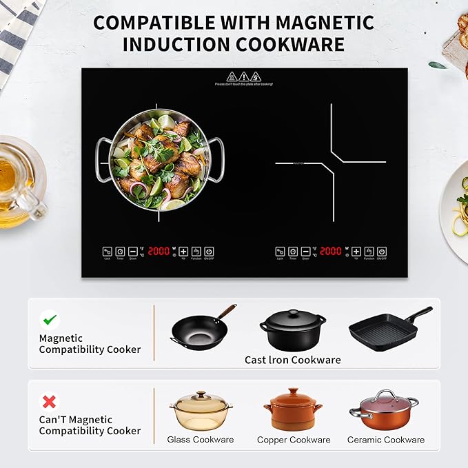 VBGK Double Induction Cooktop,110V 4000W Electric burner,2 burner Hot Plate LED Sensor Touch Energy-Saving induction stove top with Child Safety Lock & Timer 2 burner induction cooktop