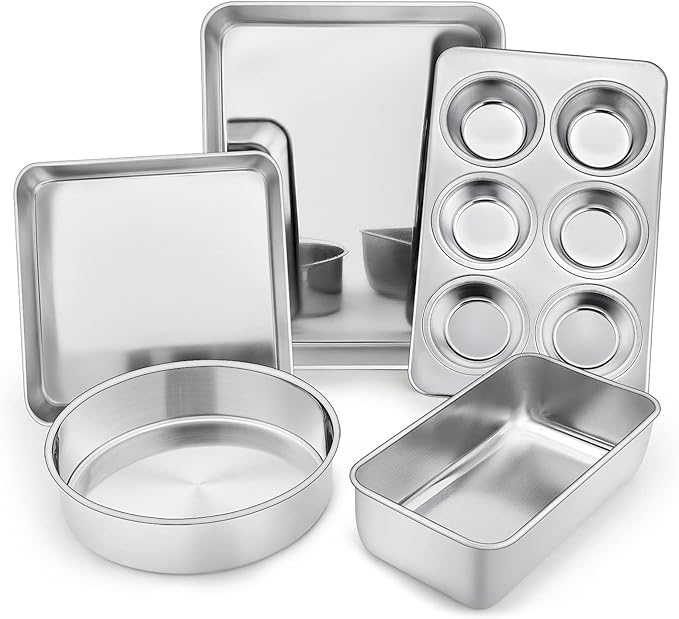 TeamFar Bakeware Sets, Stainless Steel Toaster Oven Baking Roasting Pans, Square/Round Cake Pan, Loaf Pan & Muffin Pan, Healthy & Heavy Duty, Smooth & Dishwasher Safe-5 PCS
