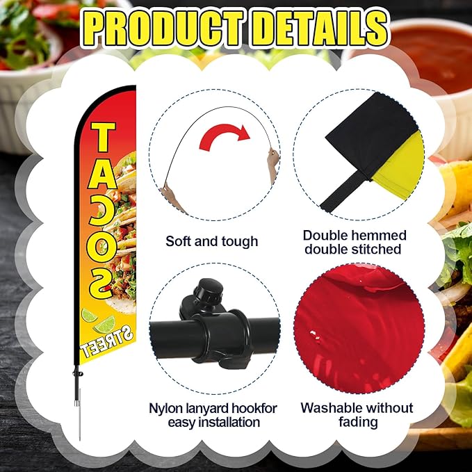 HunnmingRe Tacos Street Advertising Swooper Flag Banner 15ft Feather Flag with Pole and Ground Stake Advertising Feather Banner Sign for Restaurant Business Outside Ground