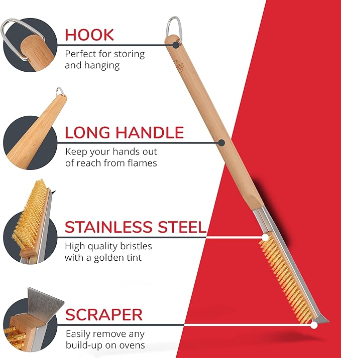 Senwosa 22” Pizza Oven Brush with Stone Scraper - Heat Resistant Stainless Steel Bristles, Long Handle - Compatible with Ooni, Gozney & Similar Ovens