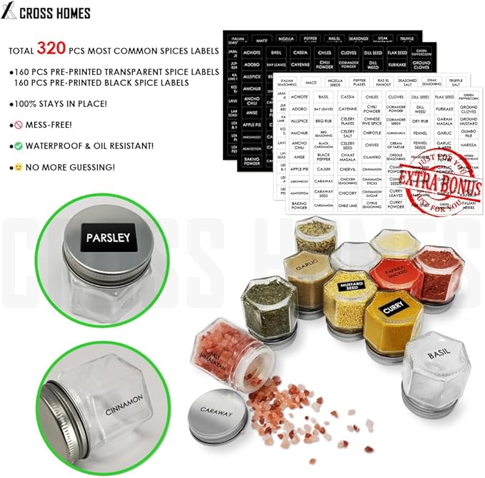 20 Pack Magnetic Spice Jars for Refrigerator, Hexagon Glass Magnetic Spice Jar with Shaker Lids Label for Kitchen RV Travel Trailer Boat, Magnet Seasoning Containers for Fridge Cabinet Wall mount Rack