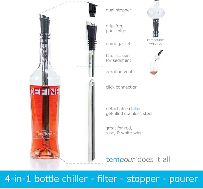 Soireehome Tempour Gourmet Aerator, Filter, Stopper, and Chiller for Wine and Liquor- Gift for Hosting, Perfect For Wine Tasting and Parties