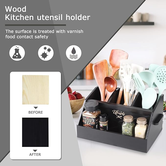Innovation Kitchen Utensil Holder for Countertop with 4 Compartments, Wood Utensil Organizer for Cooking Tools, Black (Utensil Not Included)