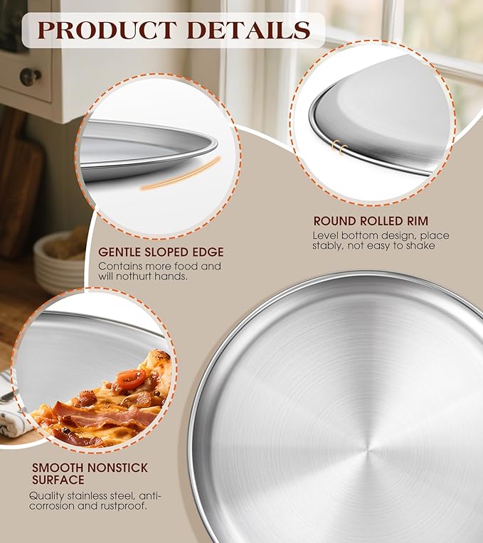 13½ Inch Stainless Steel Pizza Pan Set of 2, Pizza Pan for Oven, Steel Pizza Tray for Baking Cookie Pie Cake, Round Stainless Steel Pizza Plate Pizza Baking Sheet, Easy Clean & Dishwasher Safe