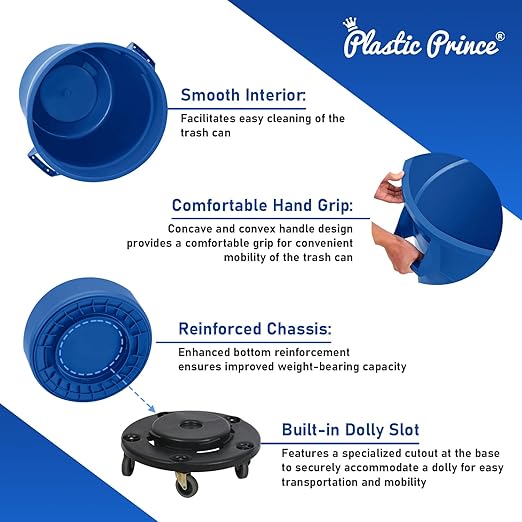 PLASTIC PRINCE 32 Gallon Round Trash Can with Lid and Dolly Blue Plastic Commercial Garbage Container for Home Garage Restaurants Warehouses - Bundle