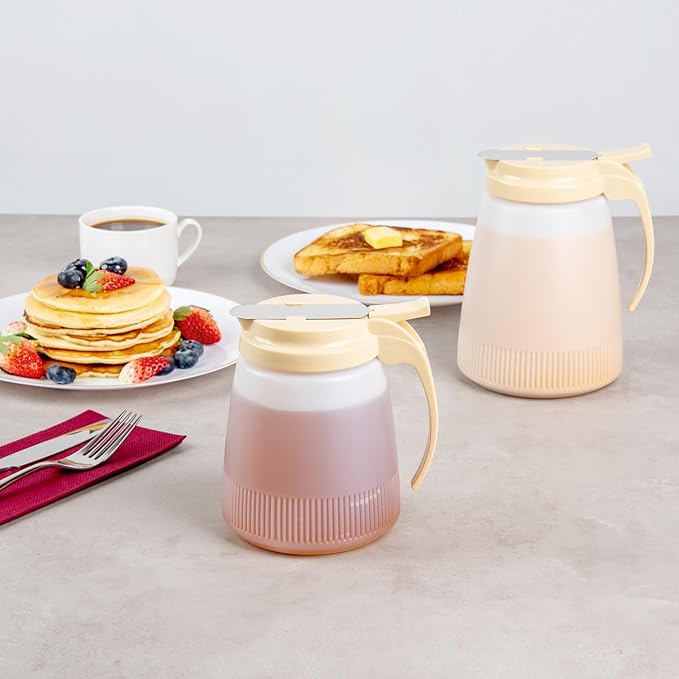 Restaurantware-Chef 101 32 Ounce All Purpose Syrup Dispensers, 10 Honey Dispensers - Beige Top, Stainless Steel Slide Cover, Plastic Pancake Syrup Bottle, Perfect For Diners, Restaurants, Home