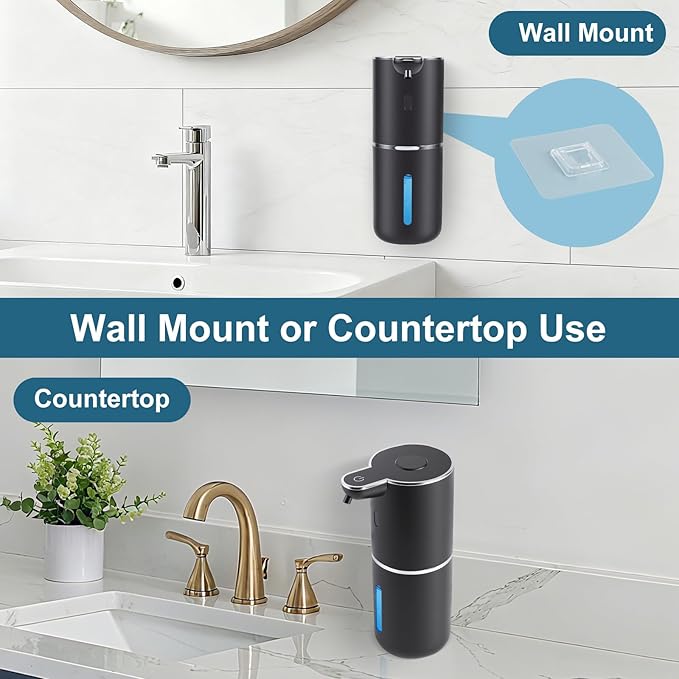 Automatic Soap Dispenser, Hand Soap Dispenser 12.8oz/380ml Smart Rechargeable, Black Soap Dispensers with 6-Level Touchless, Wall Mounted or Countertop Dish Soap Dispensing for Bathroom & Kitchen