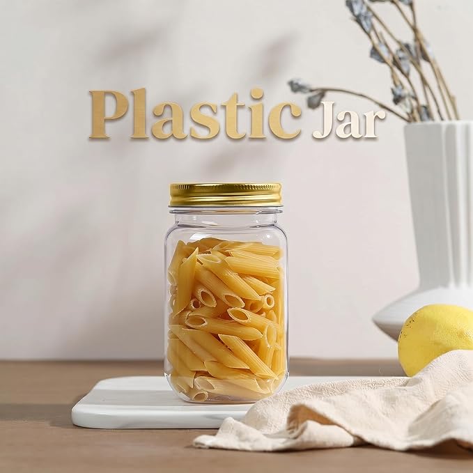 novelinks 16 oz Clear Plastic Jars with Lids, Refillable 16oz Mason Jars with Lids & Storage Containers for Kitchen & Household Use (5 Pack,Gold)