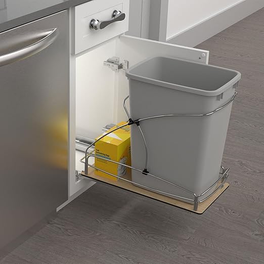 Rev-A-Shelf Steel Bottom Mount Single 35 Quart 8.75 Gallon Waste Bin Trash Container for Under Kitchen Cabinet with Soft Close, Gray, 54WC-1535SC-17-1