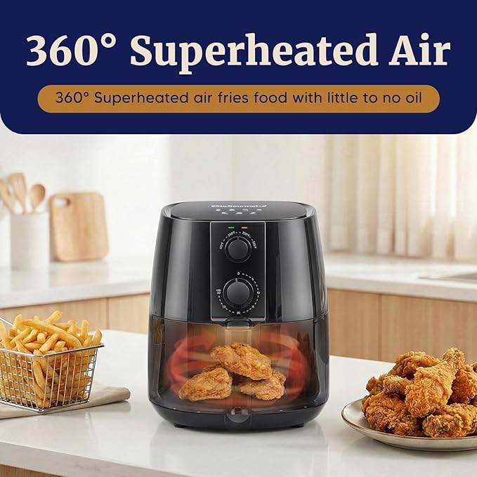 Elite Gourmet EAF4617 Electric Digital Hot Air Fryer, 1350Watts, Oil-Less Healthy Cooker, Timer & Temperature Controls, 4 Quart, Black