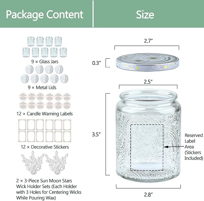 Art Secret 9-Pack 8oz Embossed Glass Candle Jars with Lids and Labels - Sun Moon Stars Design (Clear)